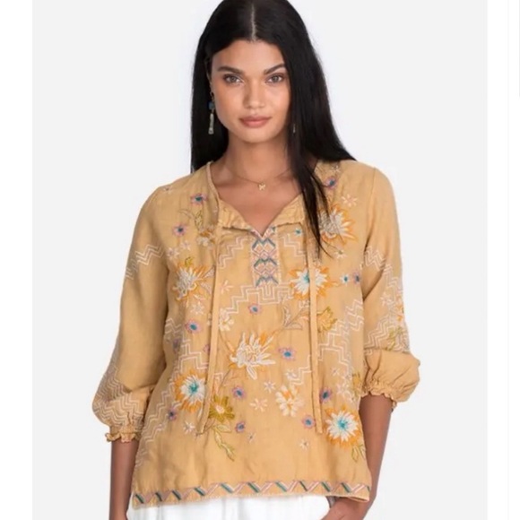 Johnny Was Tops - Johnny Was Elia Easy Linen Split Neck Top Large Embroidered Marigold Yellow